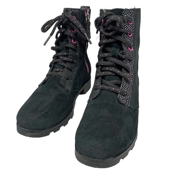 Sorel Emelie‎ Waterproof Black Suede with Lavender Accents Combat Boots - Picture 5 of 11